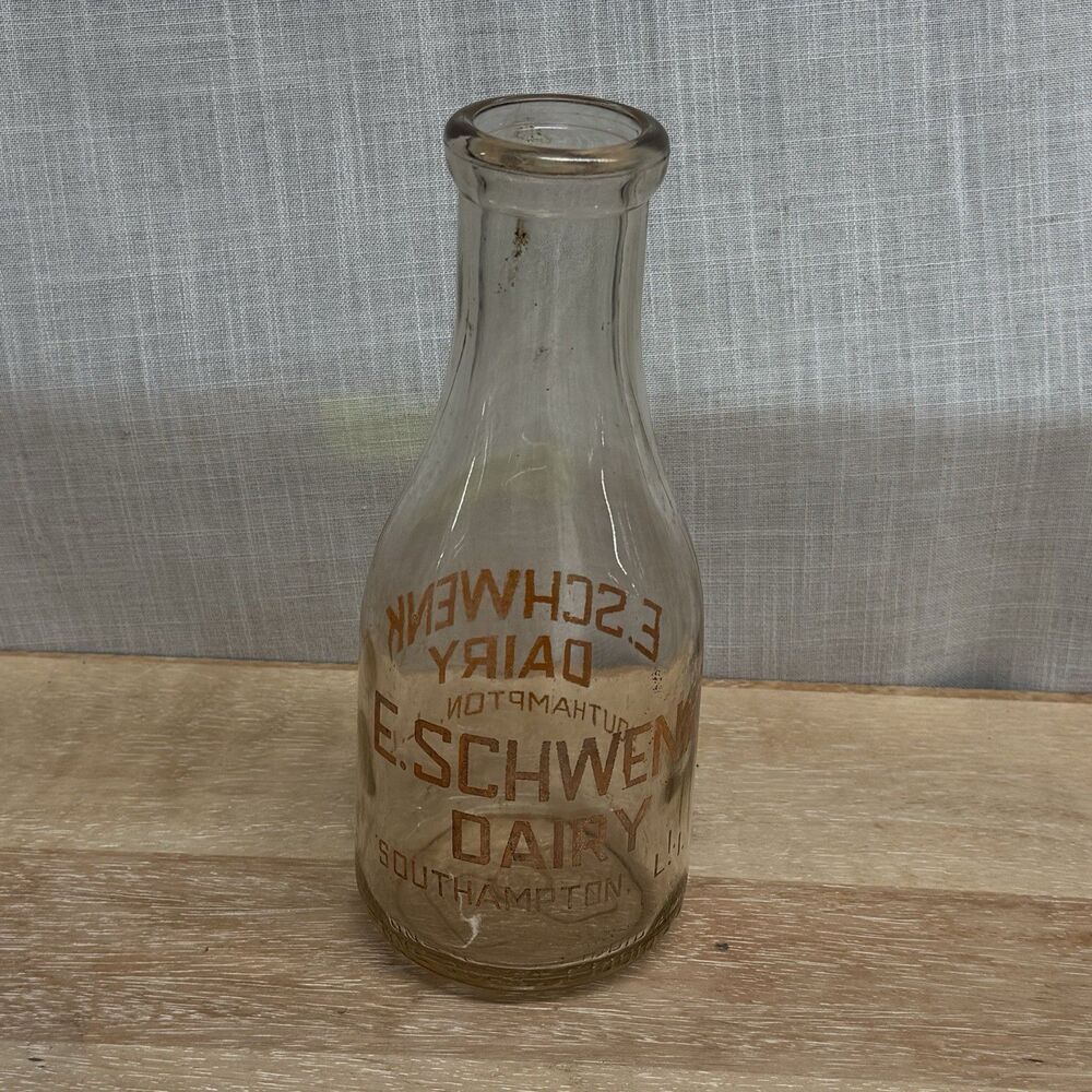 Vintage E Schwenk Dairy Milk Bottle Southampton Long Island NY Orange Lettering